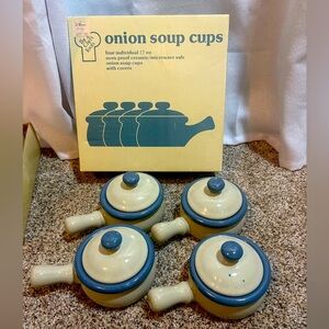 Vintage lot of 4 Earthware Stone Soup Crock W/Handle & Cover Blue line Rare 12oz